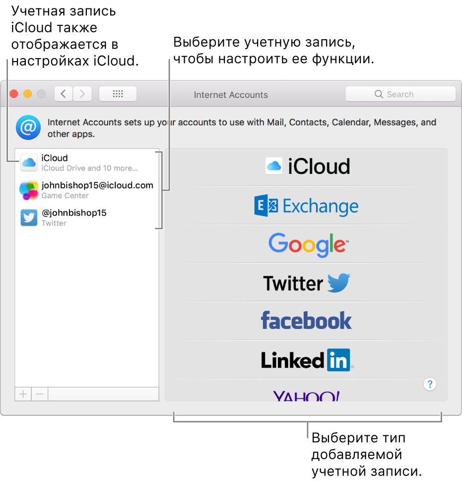 Раздел настроек «Учетные записи Интернета» с учетными записями iCloud и Twitter справа и доступными типами учетных записей слева.