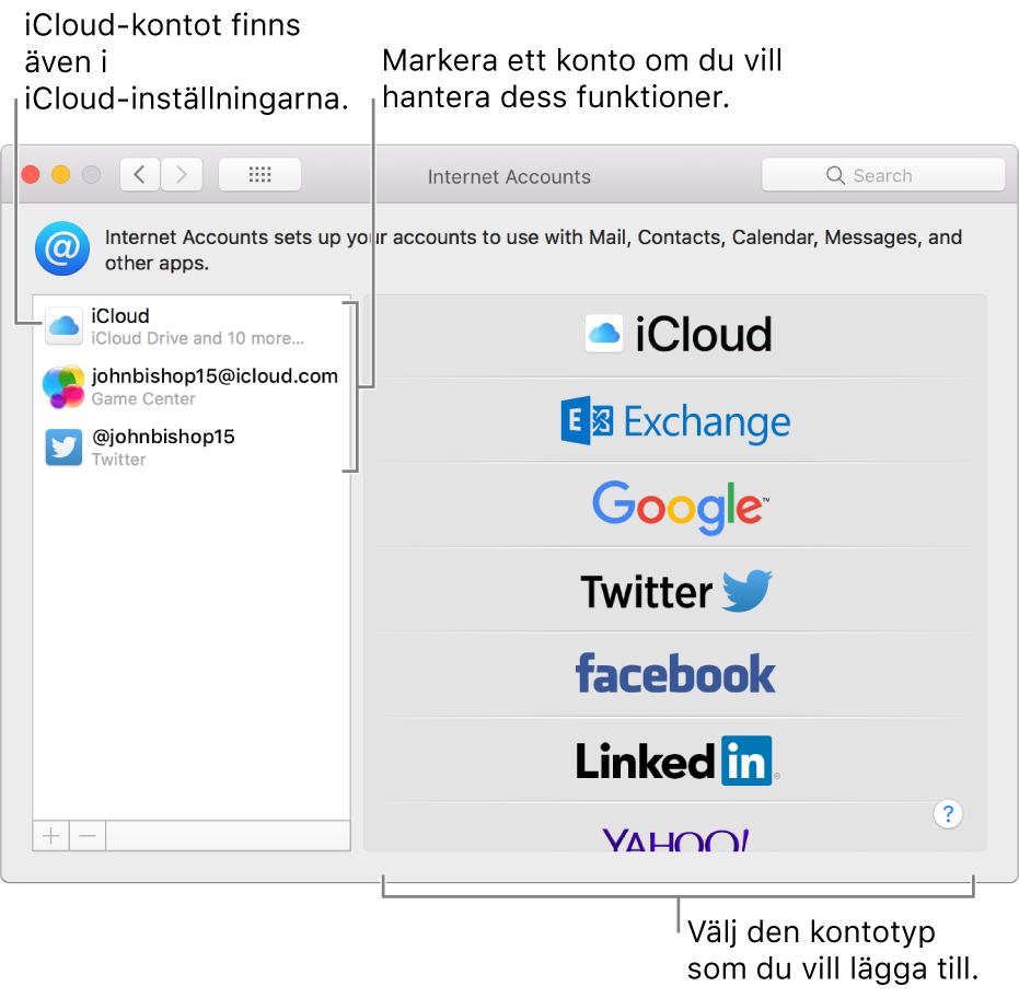 Inställningspanelen Internetkonton med iCloud- och Twitter-konton i listan till höger och tillgängliga kontotyper i listan till vänster.