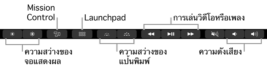Control Strip ที่ขยายอยู่จะมีปุ่มต่างๆ เรียงจากซ้ายไปขวาดังนี้ ความสว่างจอแสดงผล, Mission Control, Launchpad, ความสว่างแป้นพิมพ์, การเล่นวิดีโอหรือเพลง และความดัง