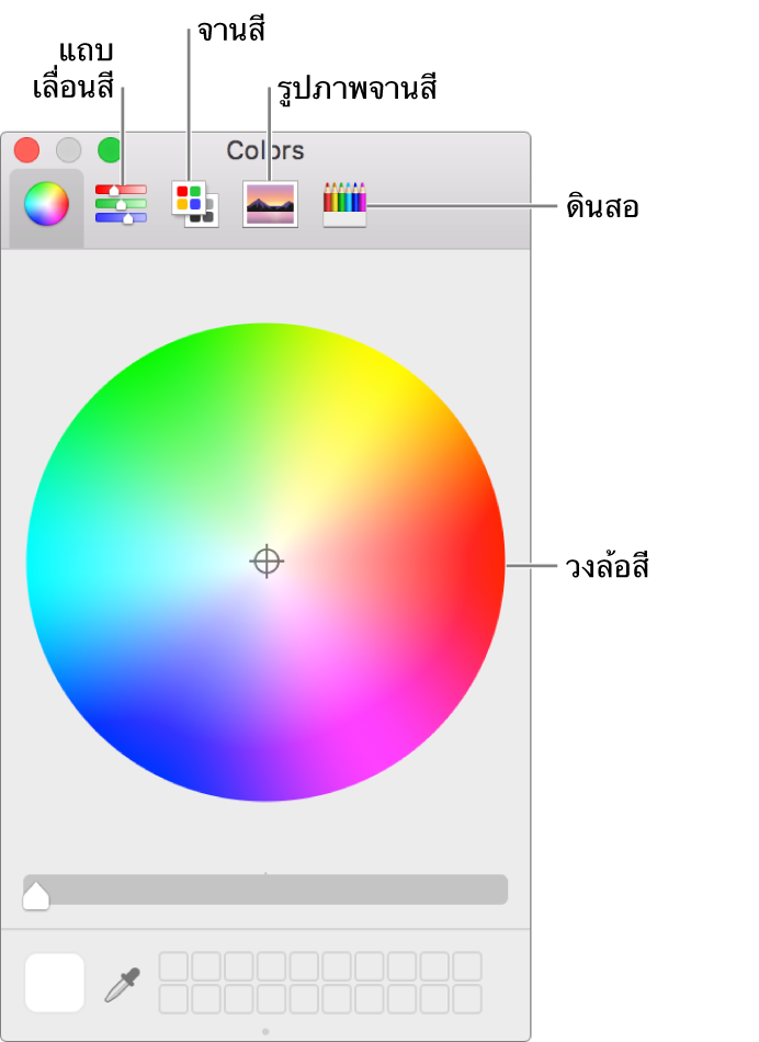 หน้าต่างสีจะแสดงปุ่มต่างๆ สำหรับตัวเลื่อนสี จานสี และสีไม้ในแถบเครื่องมือและวงล้อสี
