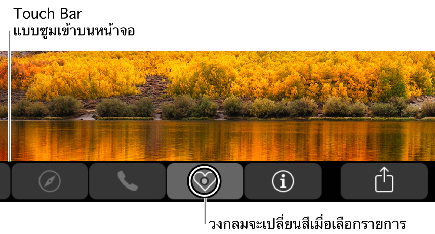 Touch Bar แบบซูมเข้าอยู่ตามแนวด้านล่างสุดของหน้าจอ วงกลมที่อยู่เหนือปุ่มจะเปลี่ยนแปลงเมื่อเลือกปุ่มนั้นอยู่