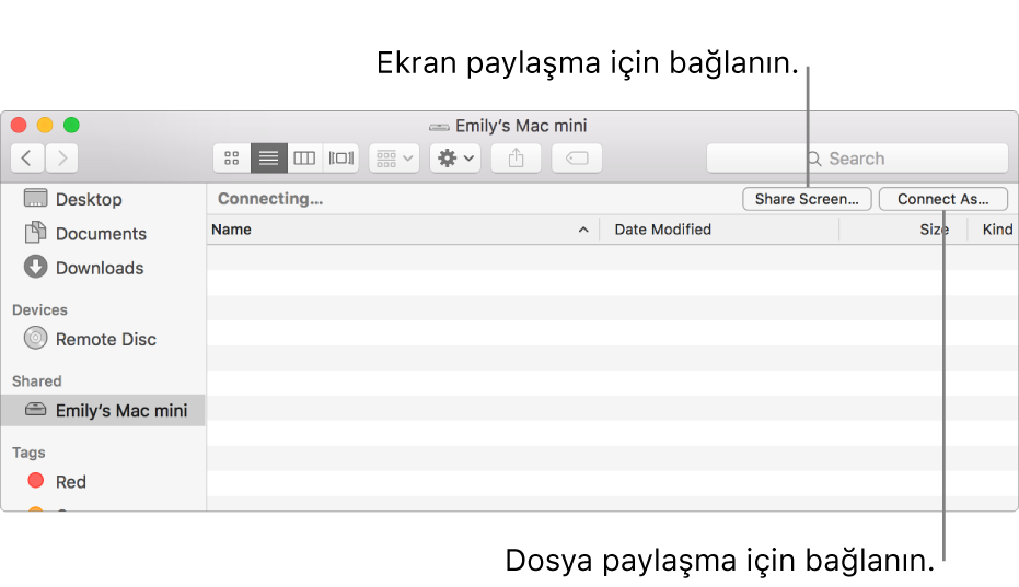 Mac seçili şekilde Finder kenar çubuğunun paylaşılan bölümü.