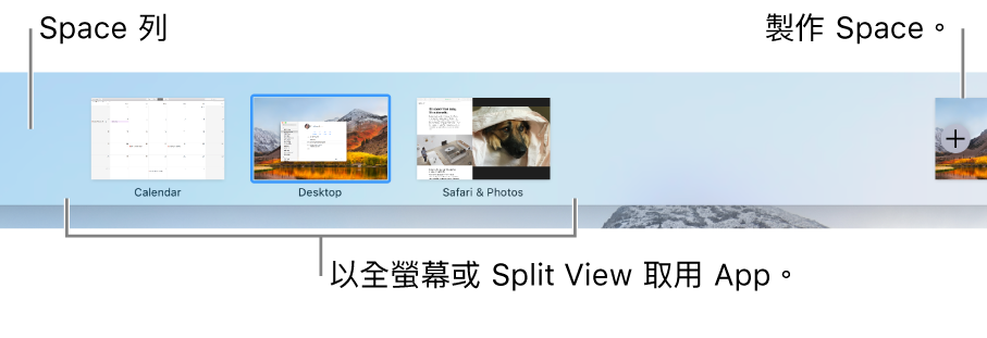 Space 列,其中顯示桌面空間、App(全螢幕和 Split View)以及可製作 Space 的「加入」按鈕。