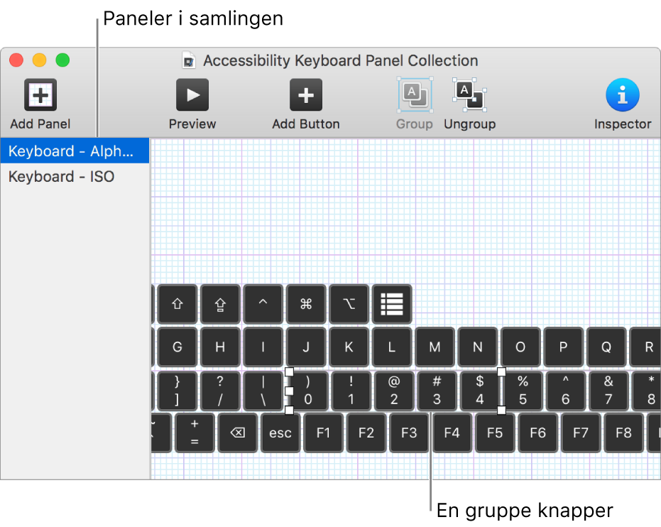 En del af en panelsamling, der viser en liste over tastaturpaneler til venstre og knapper og grupper i et panel til højre.