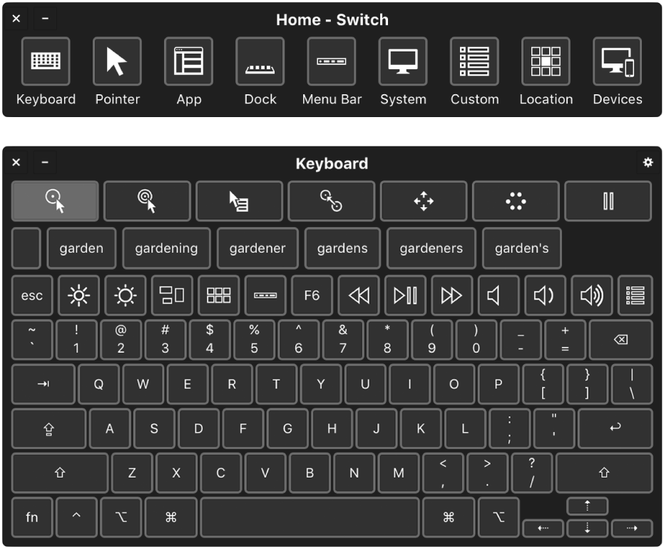 El panel de inicio Botones y el teclado de Accesibilidad en pantalla.