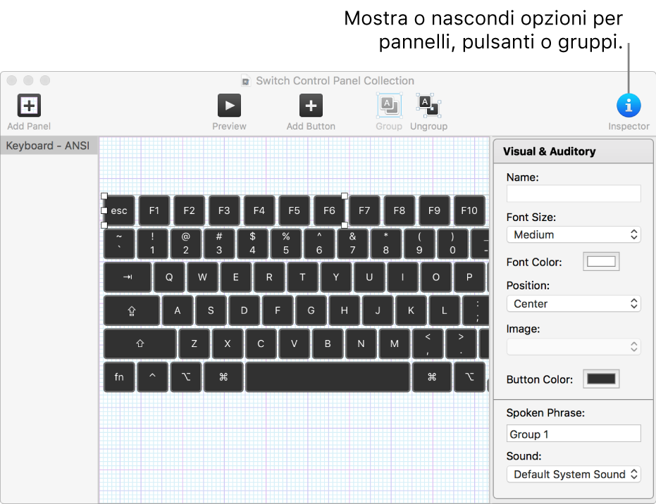 Una finestra della raccolta pannelli che mostra il pulsante dell'inspector, nell'estremo destro della barra degli strumenti, per l'impostazione di opzioni, pannelli, pulsante e gruppi.