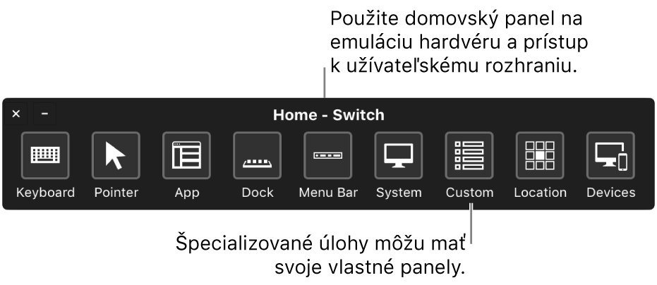 Pomocou domovského panela funkcie Switch Control môžete emulovať hardvér a získať prístup k užívateľskému rozhraniu. Na špecializované využitie môžu byť dostupné vlastné panely.