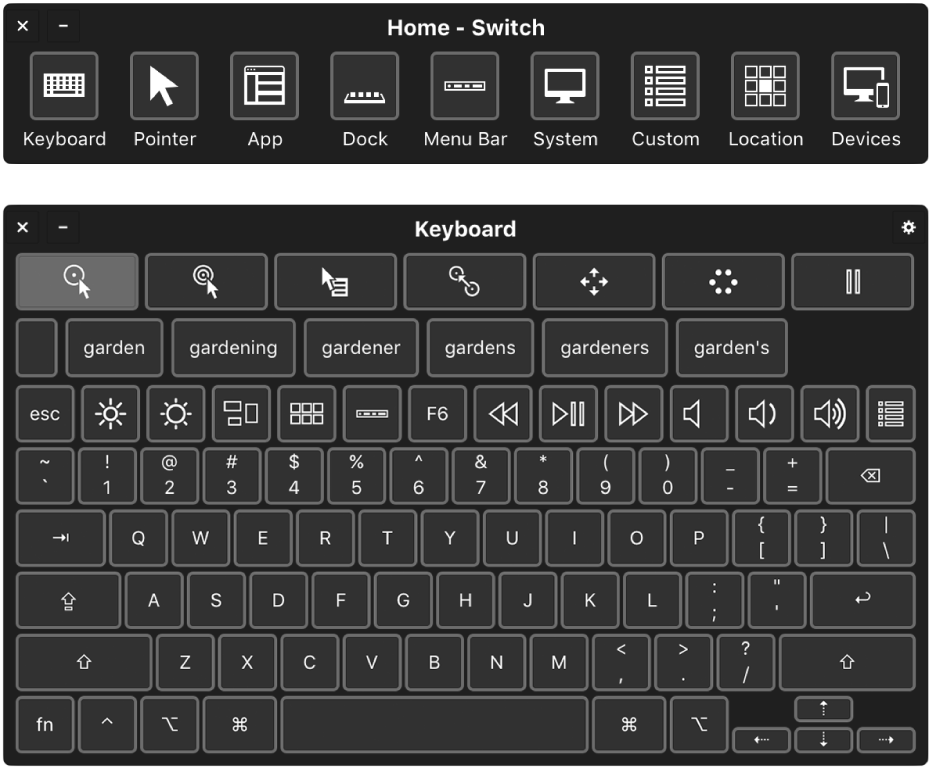Domovský panel Switch Control a klávesnica prístupnosti na obrazovke.