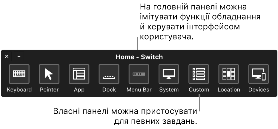 Використовуйте головну панель Пульта перемикачів, щоб імітувати обладнання та взаємодіяти з інтерфейсом користувача. Спеціальні панелі можуть мати унікальне застосування.