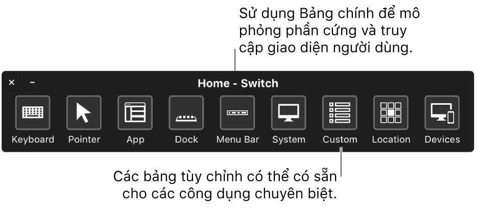 Sử dụng Bảng chính của Điều khiển công tắc để mô phỏng phần cứng và truy cập vào giao diện người dùng. Các bảng tùy chỉnh có thể có sẵn cho các mục đích sử dụng đặc biệt.
