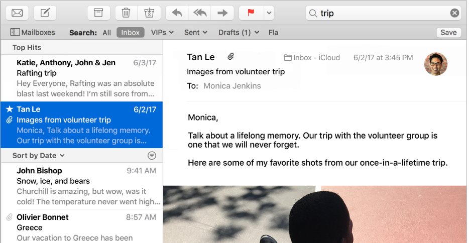 The Mail window with “trip” in the search field and Top Hits at the top of the search results in the message list.