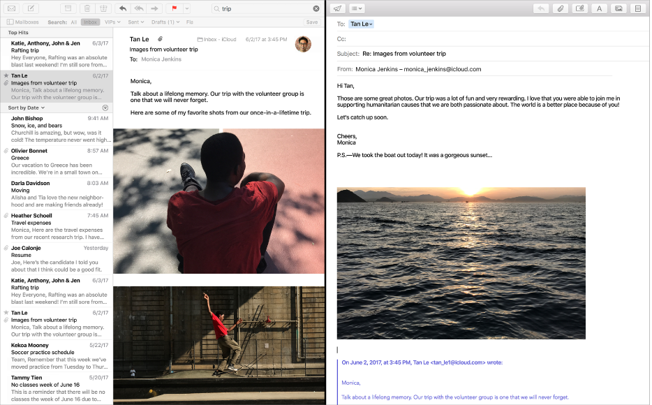 Aplikacja Mail w widoku Split View oraz okno Mail z listą wiadomości, a obok okno redagowania wiadomości.