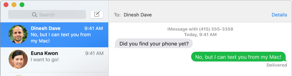 Meddelandefönstret med två konversationer listade i sidofältet till vänster och en konversation som visas till höger. En av meddelandebubblorna är grön, vilket visar att det skickades som ett SMS-meddelande.