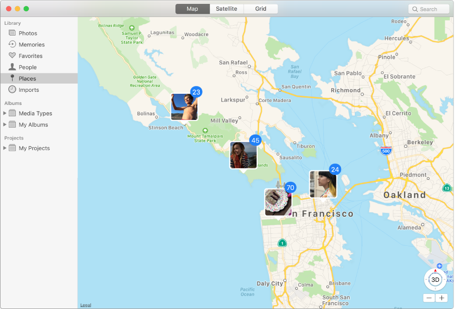 La ventana de Fotos mostrando un mapa con miniaturas de fotos agrupadas por ubicación.