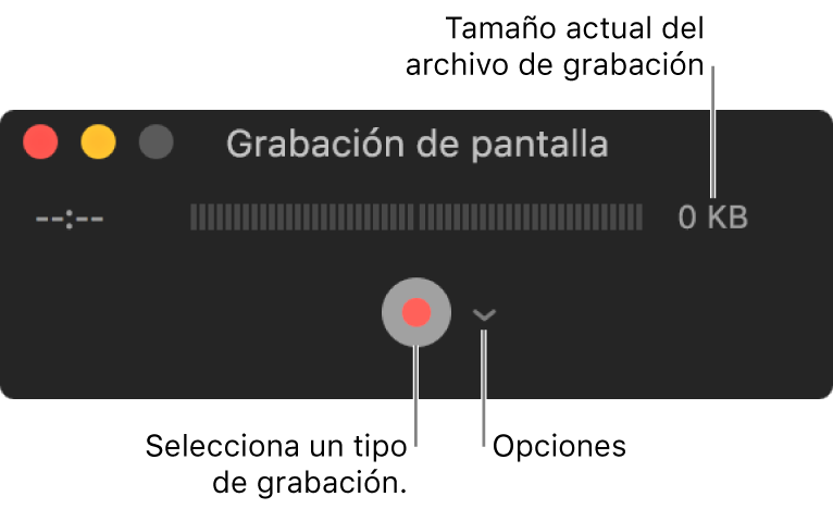 La ventana “Grabación de pantalla” con el botón Grabar en la parte inferior junto al menú desplegable Opciones.