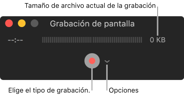 Ventana “Grabación de pantalla” con el botón Grabar en la parte inferior y el menú desplegable Opciones al lado.