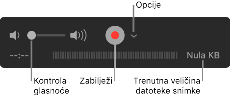 Kontrole snimanja, uključujući kontrolu glasnoće, tipku Snimanje i skočni izbornik Opcije.