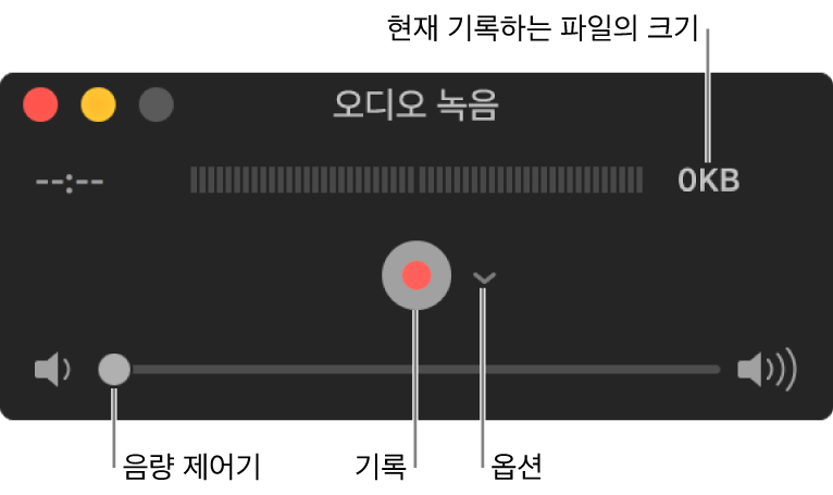 기록 버튼이 있는 오디오 녹음 윈도우, 중앙에 옵션 팝업 메뉴가 표시되어 있고 하단에 음량 제어기가 표시되어 있습니다.