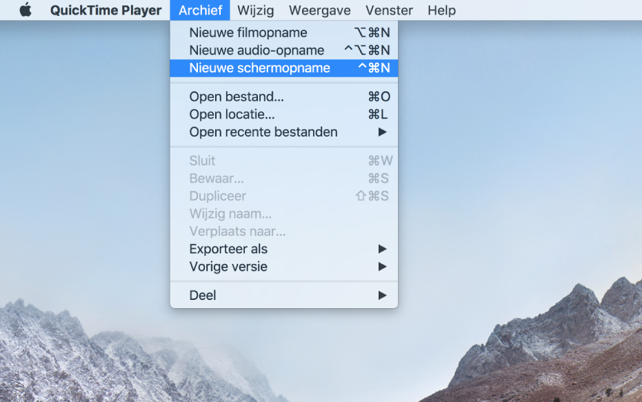 Het scherm van een Mac met een schermopname wanneer de gebruiker 'Archief' > 'Nieuwe schermopname' kiest, op de opnameknop klikt, over een gedeelte van het scherm sleept en op de knop 'Start opname' klikt. In het geselecteerde gedeelte van het scherm staat de aanwijzer op het onderdeel 'Emoji en symbolen' in het Wijzig-menu van de Finder.