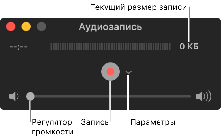 Окно «Звукозапись» с кнопкой «Запись» и всплывающим меню «Параметры» в центре окна, а также регулятором громкости внизу.