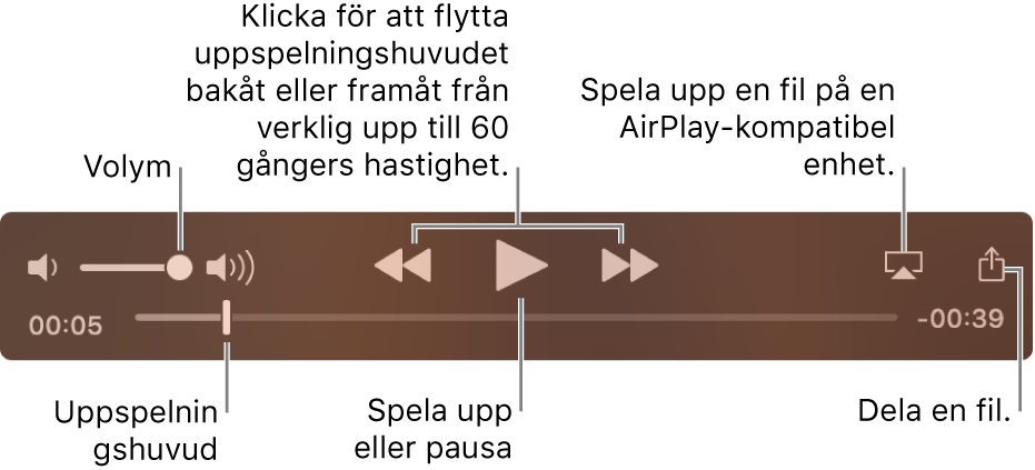 Uppspelningsreglage i QuickTime Player. Längs överkanten finns volymreglaget, knappen för bakåtspolning, knappen för uppspelning/paus, knappen för snabbspolning framåt, AirPlay-knappen och delningsknappen. Längst ned finns uppspelningshuvudet som du kan dra i för att ändra plats i filen.