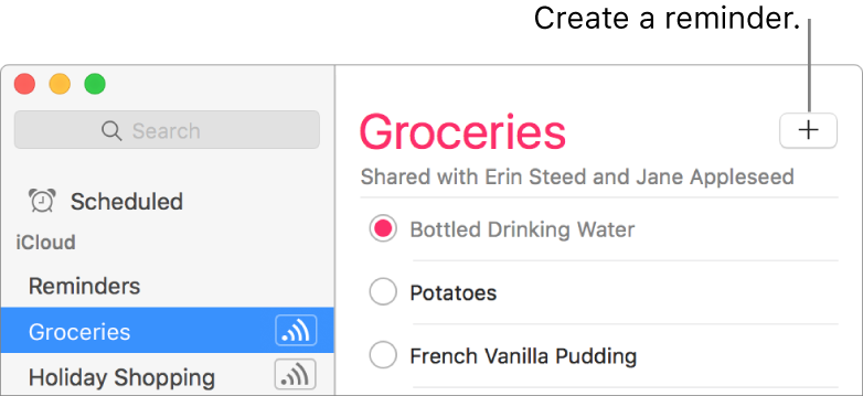 Click the Create button in the top right of the Reminders window to create a reminder.
