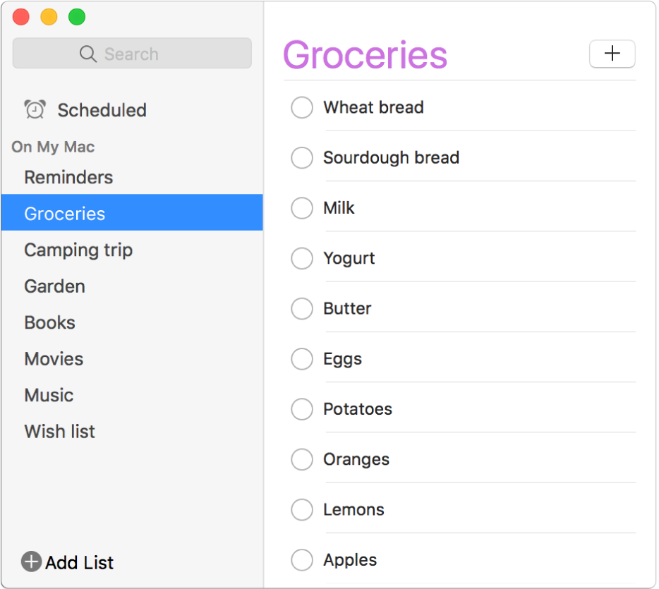 A Reminders window with multiple reminder lists such as Groceries, Camping trip, and Books in the On My Mac section.