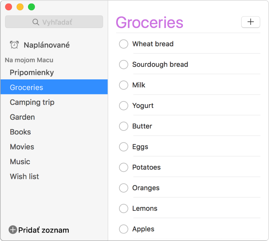Okno aplikácie Pripomienky s viacerými zoznamami pripomienok, ako sú napríklad Potraviny, Stanovačka a Knihy v sekcii Na mojom Macu.