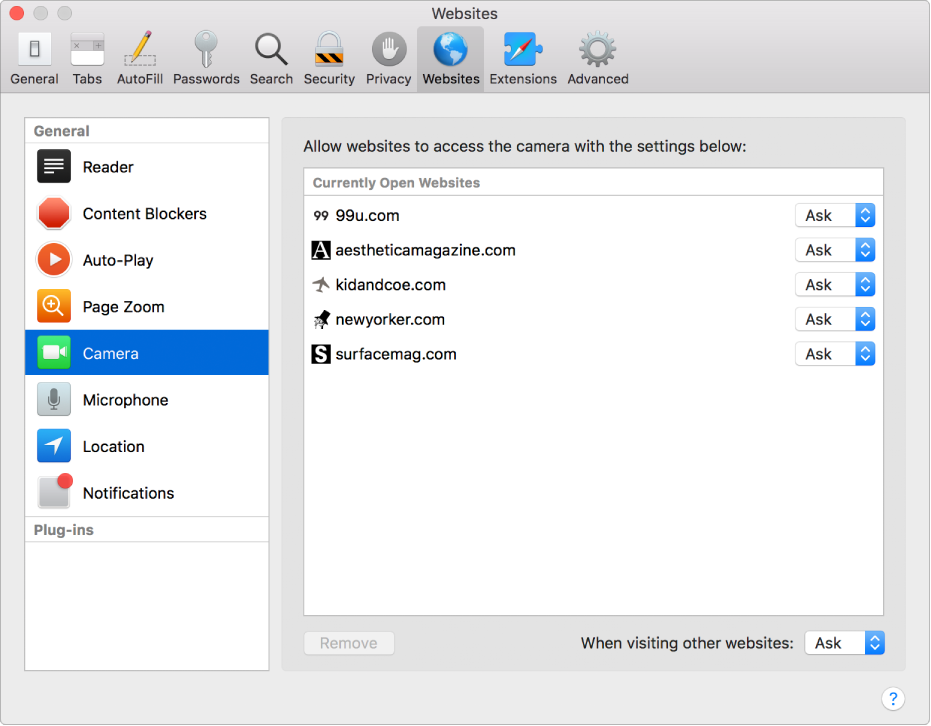 تفضيلات مواقع الويب، حيث يمكنك تخصيص طريقة استعراضك لمواقع الويب الفردية باستخدام Safari.