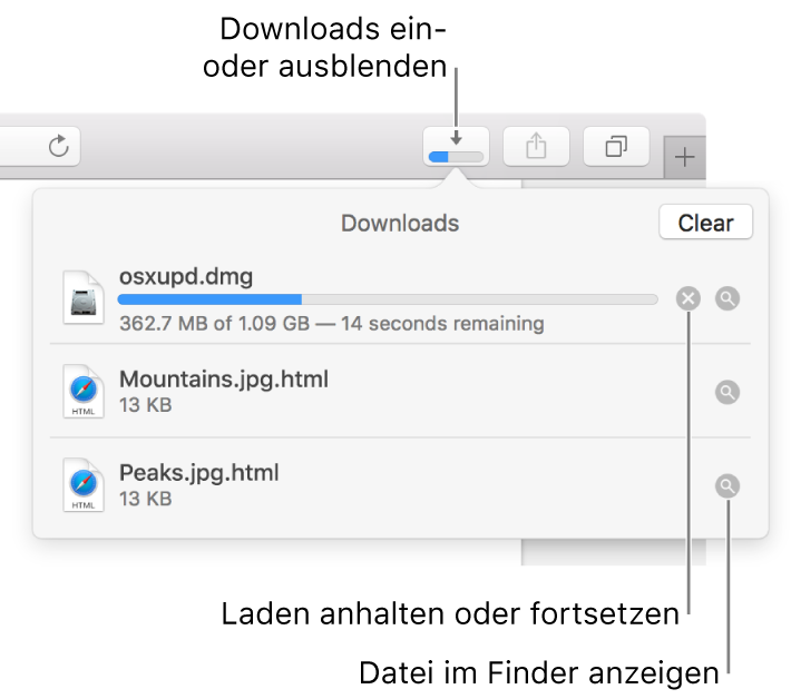 Die Taste „Downloads“ in der Symbolleiste und darunter die Liste der Downloads.