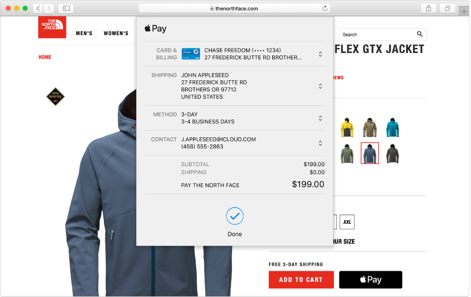 A popular shopping site that allows Apple Pay, and the details of your purchase including which credit card was billed, shipping information, store information, and purchase price.