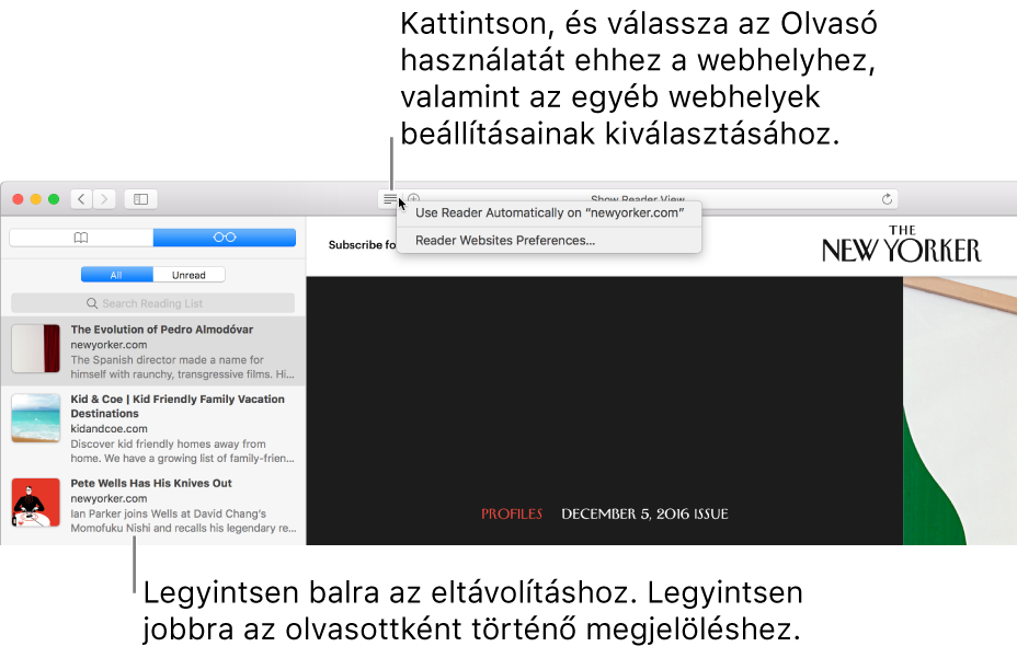 Safari-ablak a megjelenített Olvasási listával.