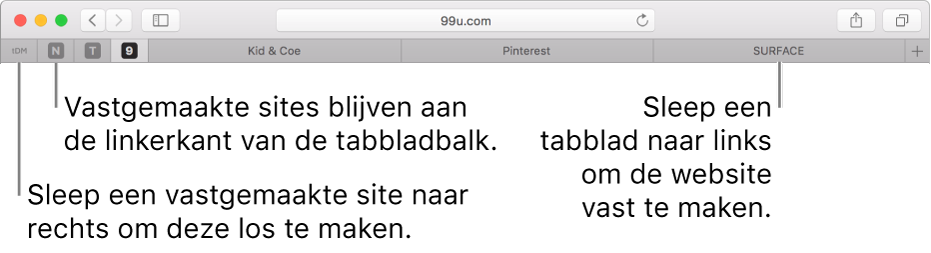 Vastgemaakte websites in de tabbladbalk van Safari.