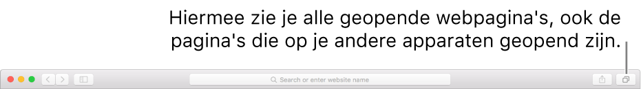 De weergave 'Alle tabbladen' met alle open webpagina's, waaronder de webpagina's die op je andere apparaten zijn geopend.
