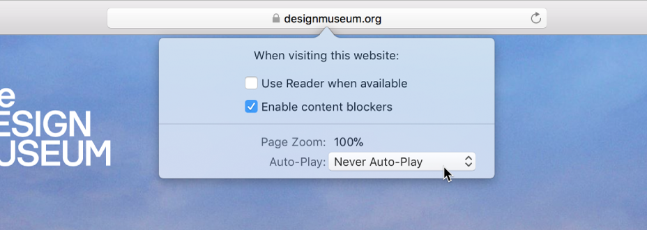 Um menu do campo de pesquisa inteligente que mostra as definições para o website atual.