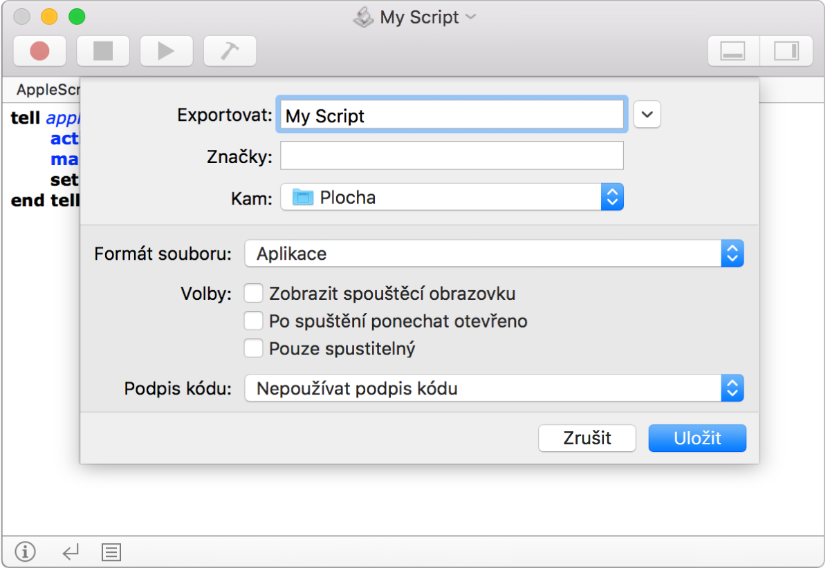 Dialogové okno Exportovat s místní nabídkou Formát souboru, v níž je vybrána volba Aplikace. Dále zde vidíte možnosti, které lze nastavit při ukládání skriptu.