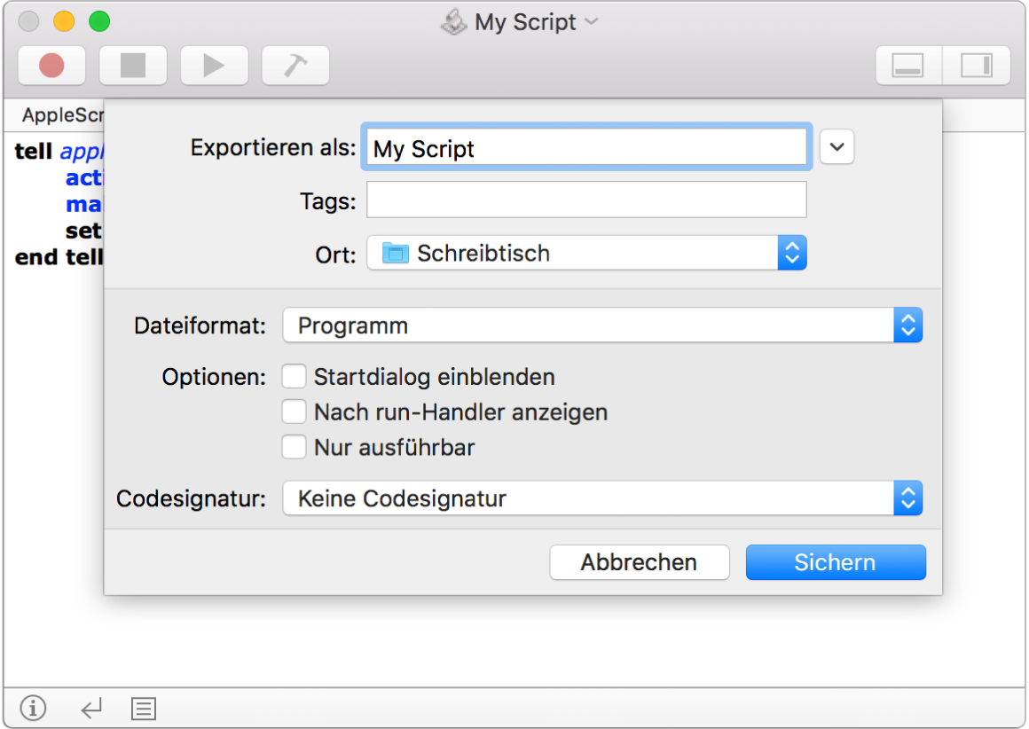 Das Dialogfenster „Exportieren mit dem Einblendmenü „Dateiformat“ und ausgewählter Option „Programm“ sowie den Optionen, die du zum Sichern deines Skripts festlegen kannst