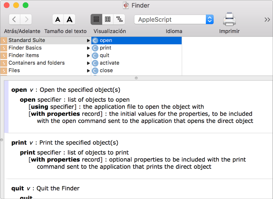 El diccionario AppleScript de la app Finder.