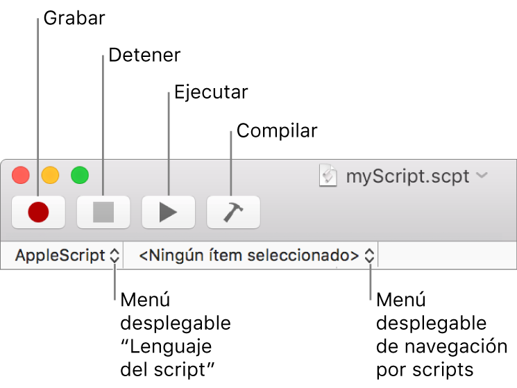 La barra de herramientas de Editor de Scripts, con los controles de grabar, detener, ejecutar, compilar, lenguaje de script y navegación de script.