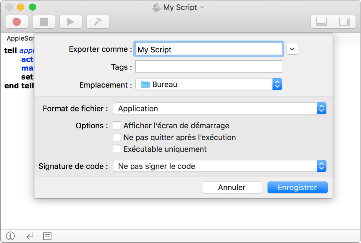 Zone de dialogue Exporter affichant le menu local Format de fichier avec l’option Application sélectionnée et les options que vous pouvez définir lors de l’enregistrement de votre script.