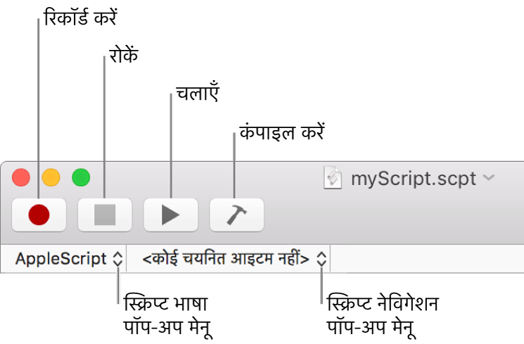 स्क्रिप्ट संपादक टूलबार द्वारा रिकॉर्ड करने, रोकने, रन करने, संयोजित करने, स्क्रिप्ट भाषा और स्क्रिप्ट नेविगेशन नियंत्रण दिखाए जा रहे हैं।