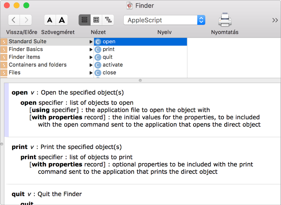 A Finder alkalmazás AppleScript-szótára.