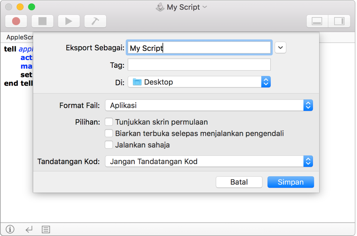 Dialog Eksport menunjukkan klik menu timbul Format Fail dengan Aplikasi dipilih dan pilihan yang anda boleh setkan apabila anda menyimpan skrip anda.