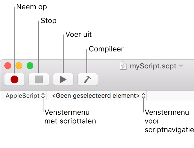 De knoppenbalk van Scripteditor met de regelaars voor opnemen, stoppen, uitvoeren, scripttaal en scriptnavigatie.