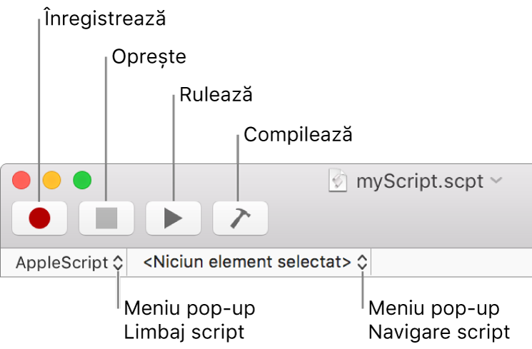 Bara de instrumente Editor scripturi, prezentând comenzile de înregistrare, oprire, executare, compilare și navigare în script, precum și limbajul scriptului.