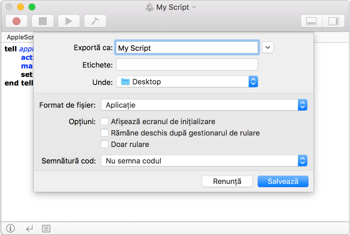 Dialogul Exportă prezentând meniul pop-up Format de fișier cu opțiunea Aplicație selectată și opțiunile pe care le puteți alege la salvarea scriptului.