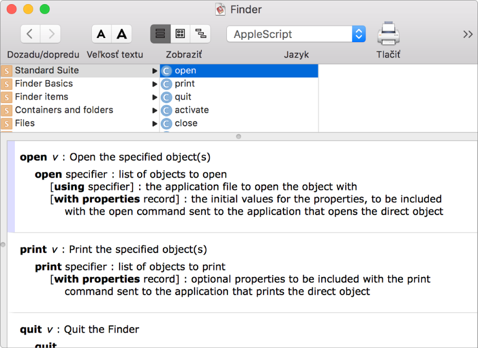 Slovník AppleScript aplikácie Finder.