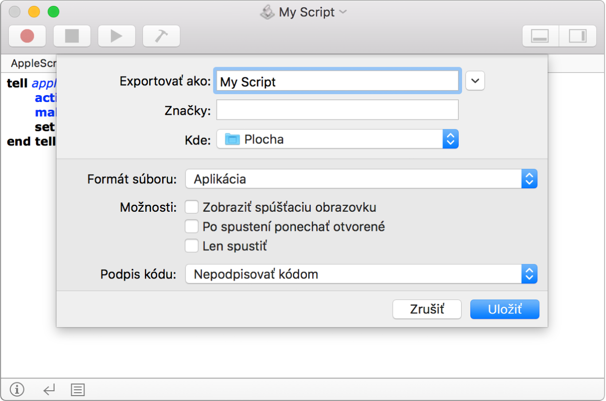 Dialógové okno Export zobrazujúce vyskakovacie menu Formát súboru s vybratou možnosťou Aplikácia a možnosťami, ktoré je možné nastaviť pri ukladaní skriptu.