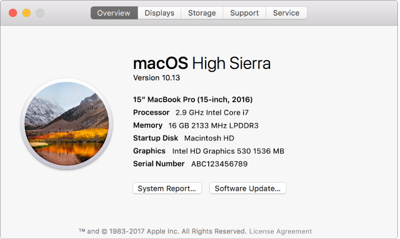 O painel “Visão geral” na Informação do Sistema mostra as especificações básicas de hardware e software, assim como o número de série do seu Mac.