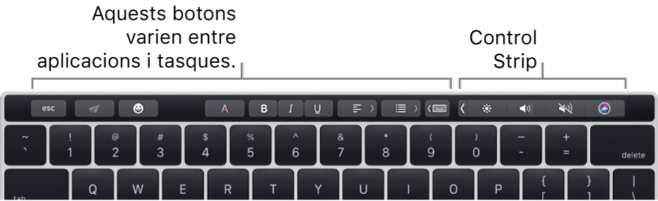 La Touch Bar, amb botons que varien segons l’aplicació o la tasca, a l’esquerra, i la Control Strip contreta, a la dreta